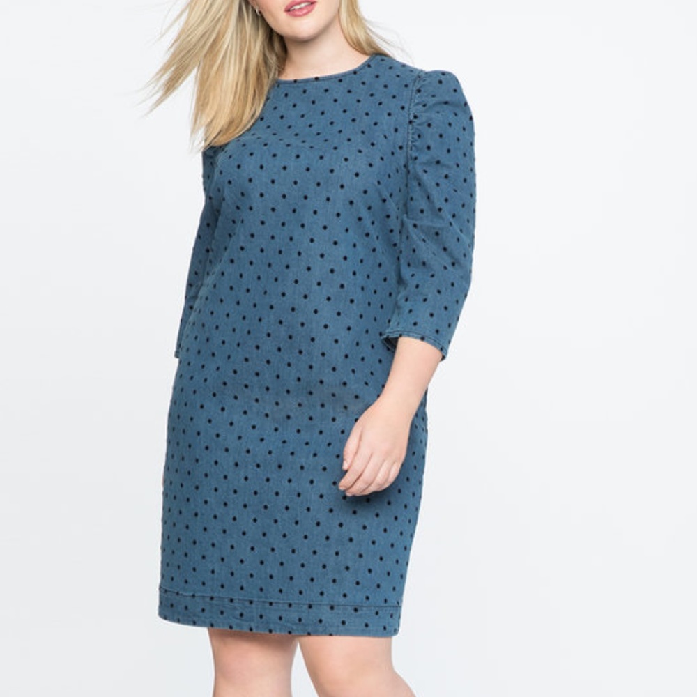 Eloquii Flocked Dot Puff Sleeve Denim Dress NWT